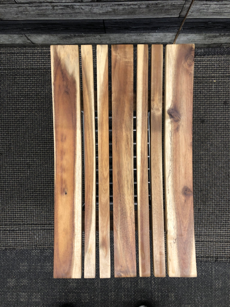 WOODEN STOOL W/SILVER METAL LEGS.