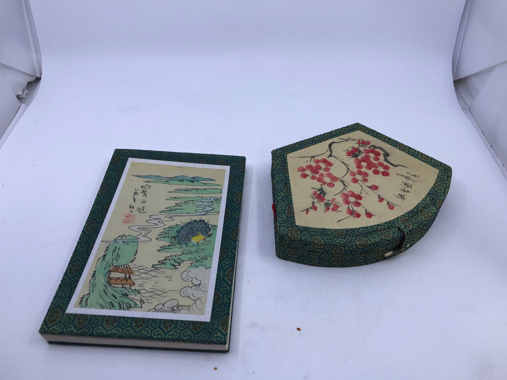 ASIAN STYLE GREEN FABRIC CASE CALIGRAPHY SET W/NOTEBOOK.