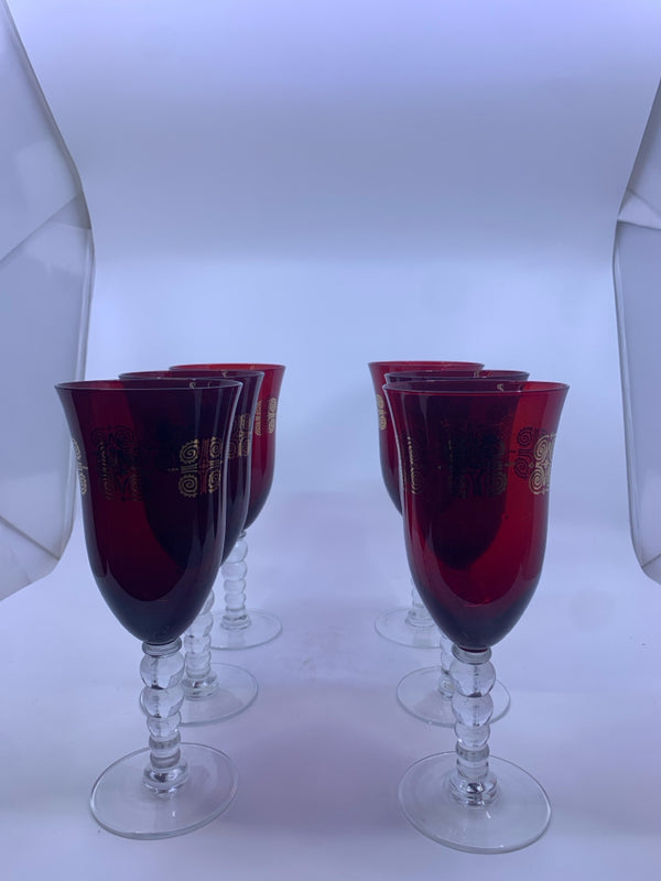 6 RED WITH GOLD DETAIL WINE GLASSES.