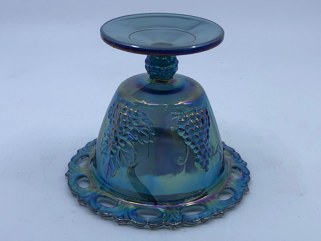 VTG BLUE IRIDESCENT FOOTED CANDY DISH W EMBOSSED GRAPES.