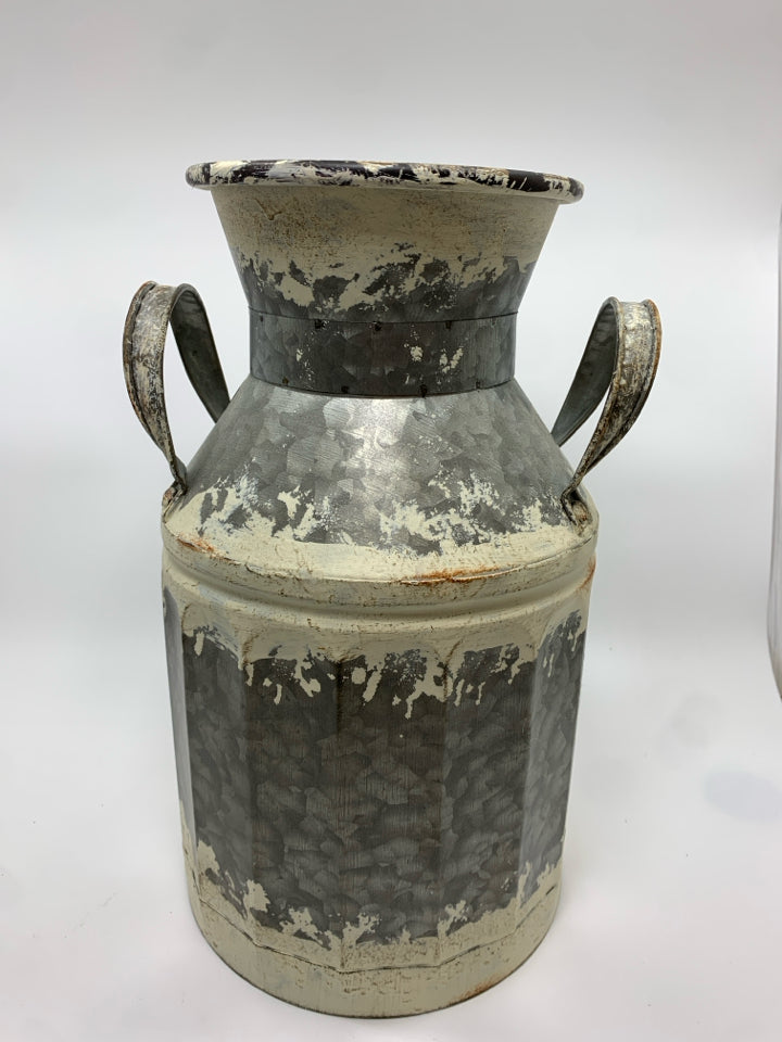 WHITE WASHED TIN MILK BUCKET DECOR.