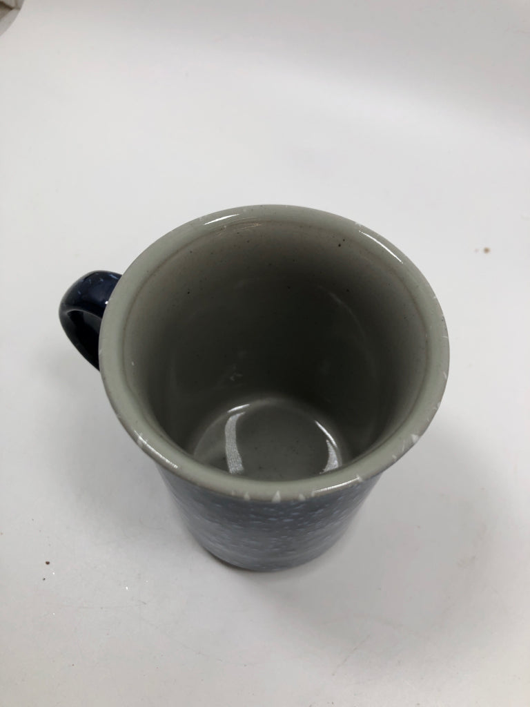 4 COBALT BLUE SPECKLED MUGS.