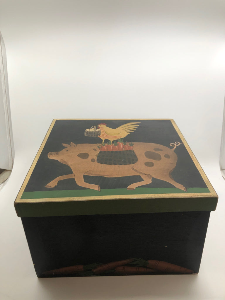 PRIMITIVE ROOSTER ON PIG STORAGE BOX.