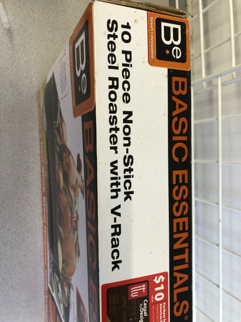 NIB 10 PC NON-STICK STEEL ROASTER W/ V-RACK