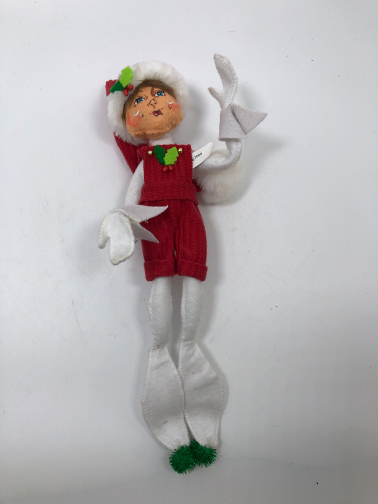 ANNALEE MINI ELF IN RED OVERALLS.