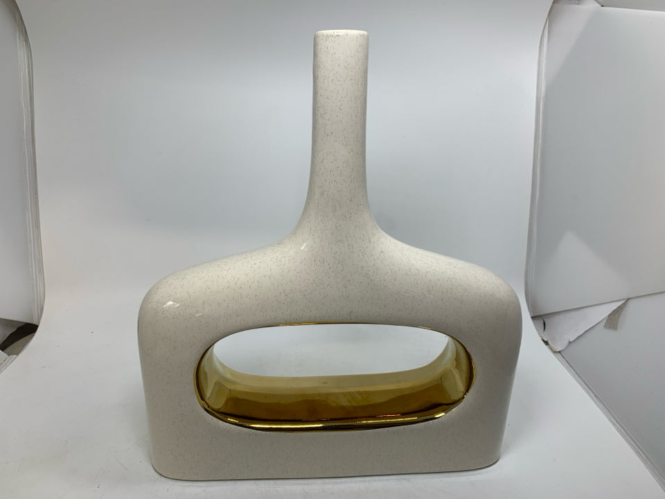 LARGE RECTANGLE CERMAIC VASE SPECKLED GOLD INTERIOR CUTOUT VASE.