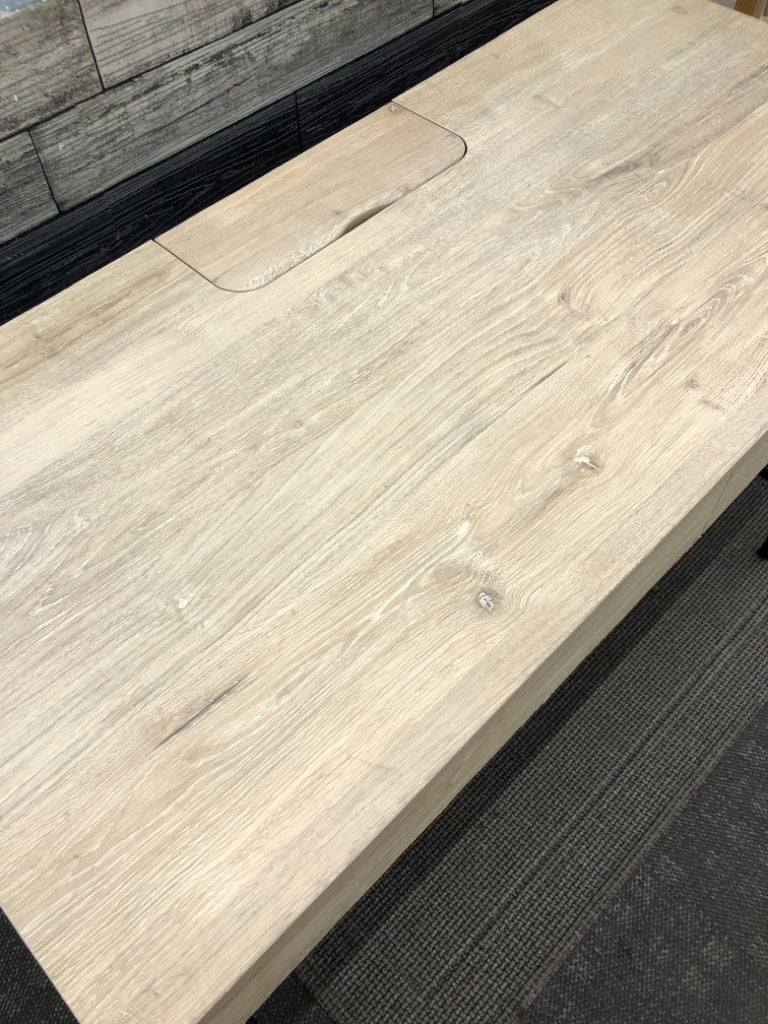 LIGHT WOOD WRITING DESK W/DRAWERS & CHARGING STATION.