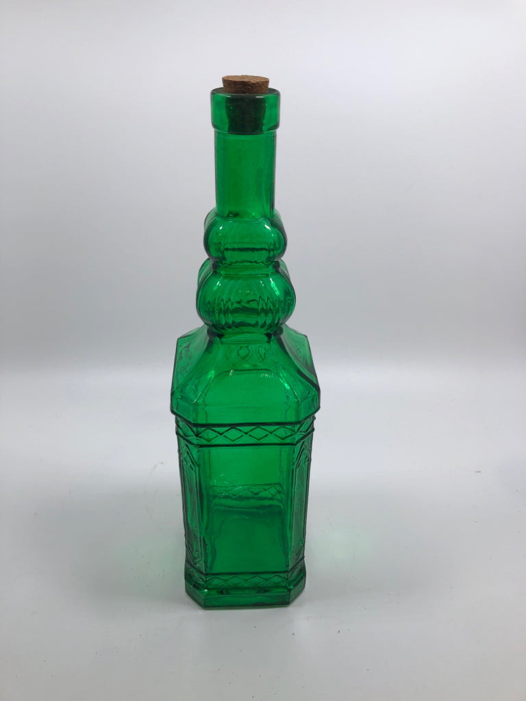 TALL EMERALD GLASS DECORATIVE BOTTLE W/CORK.