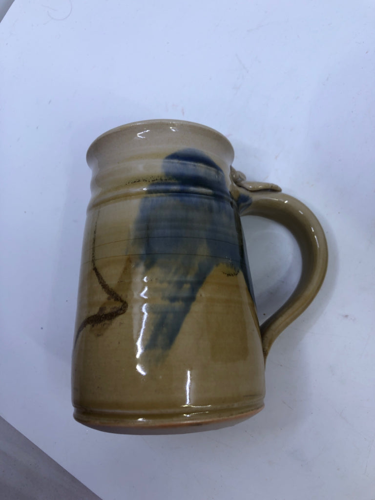 2 YELLOW + BLUE POTTERY GLAZE MUGS.