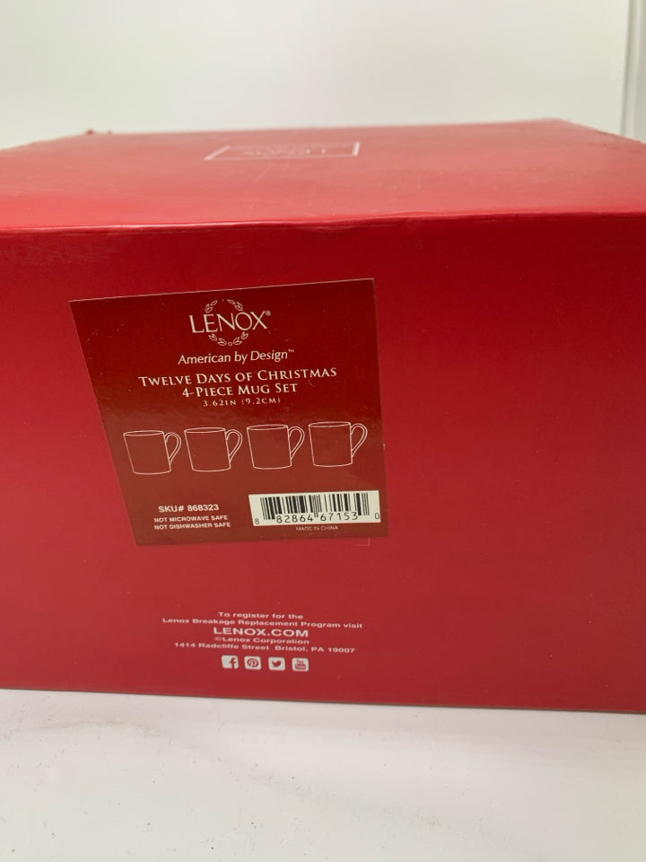 NIB LENOX TWELVE DAYS OF CHRISTMAS 4 PC MUG SET.