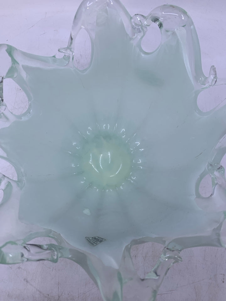 ABSTRACT HEAVY WHITE/CLEAR GLASS CENTERPIECE BOWL.