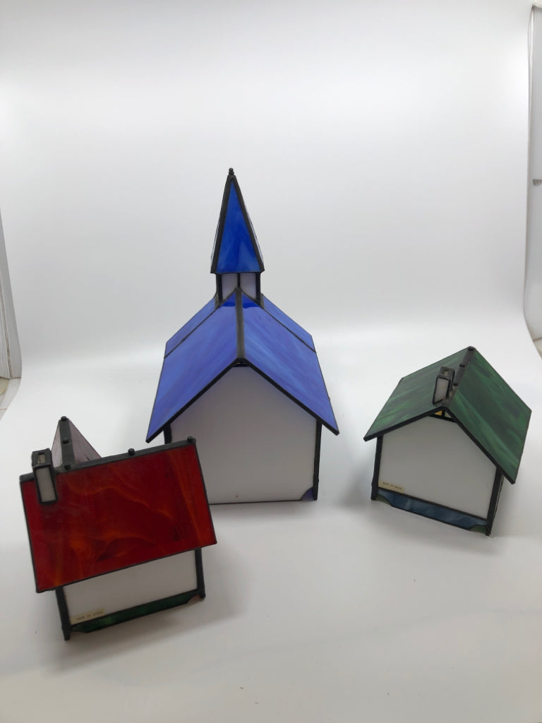3 PC STAINED GLASS TEA LIGHT CANDLE COVERS-CHURCH, RED ROOF, GREEN ROOF.