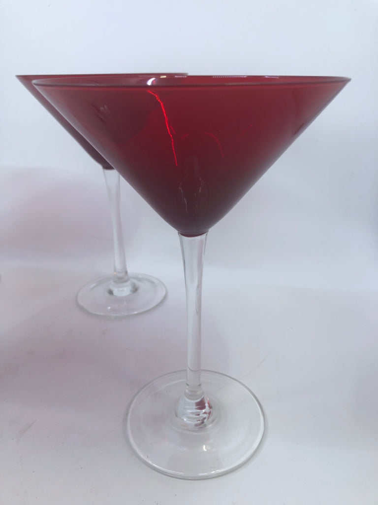 4 BRIGHT RED MARTINI GLASSES.