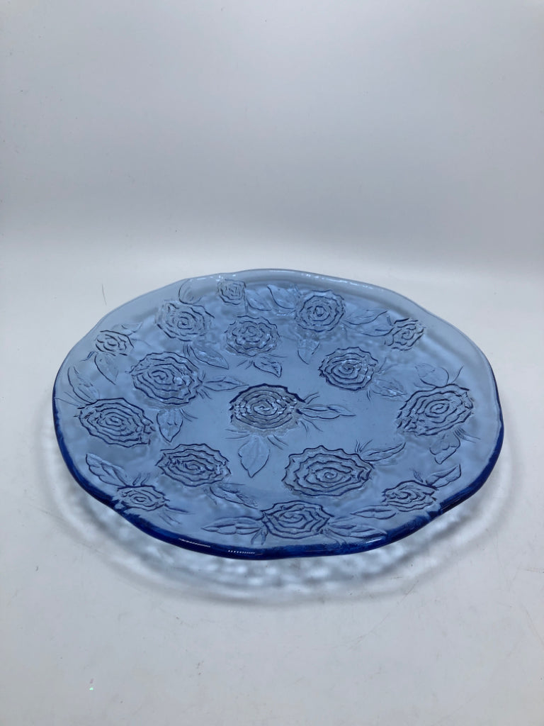 FLOWER STAMPED BLUE GLASS PLATTER.