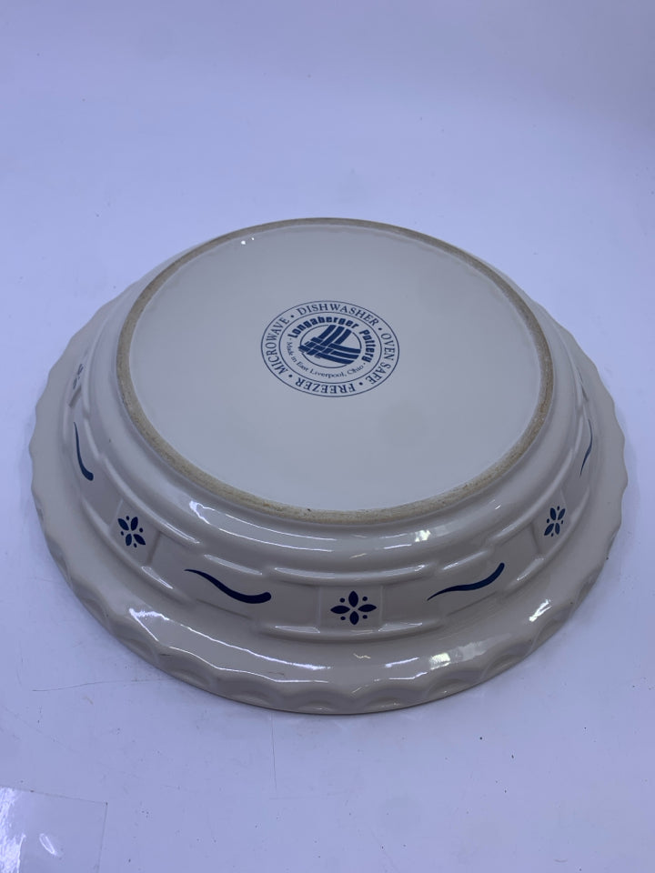 STONEWARE PIE DISH W/ BLUE DETAIL.