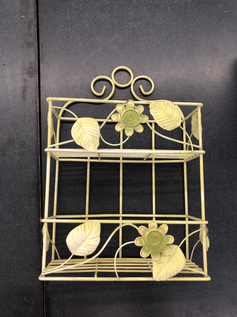 LIGHT GREEN WIRE ORGANIZER SHELF HANGING W/WELDED LEAVES & FLOWER.