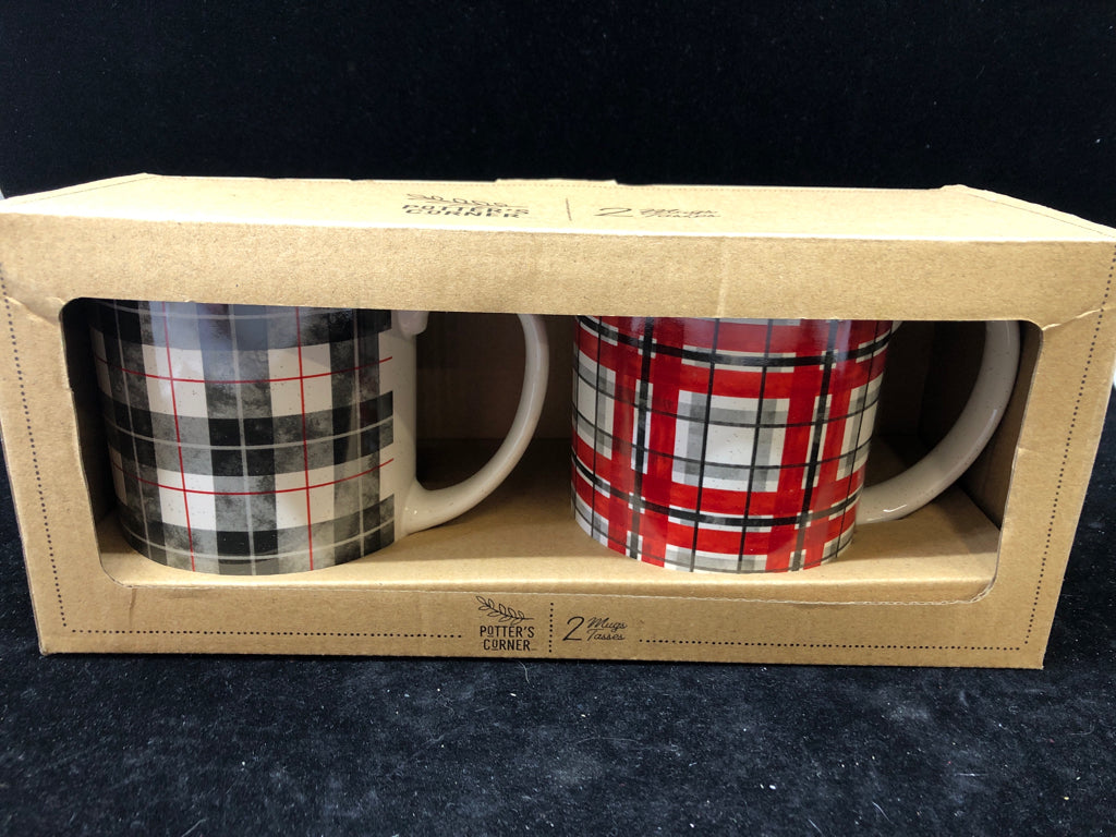 NIB 2 POTTERS CORNER PLAID MUGS.