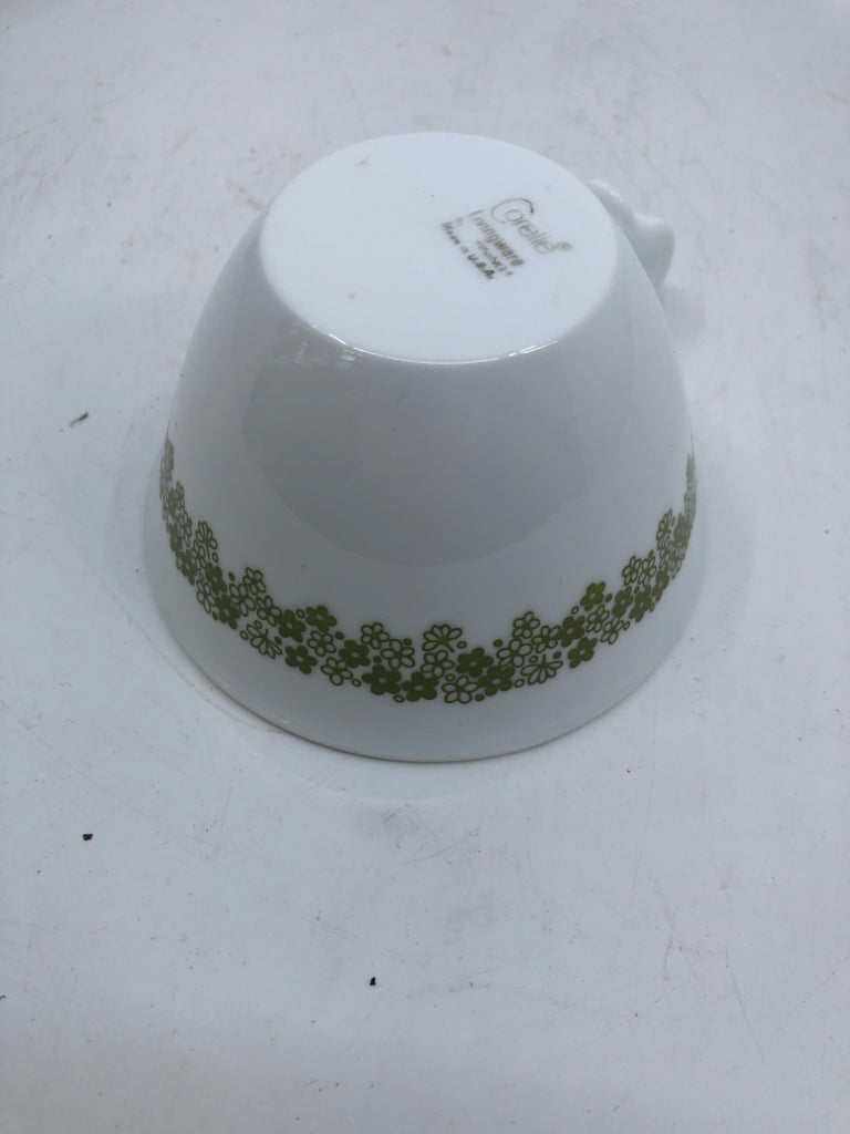 6 CORELLE GREEN FLOWER CUPS W/ CURVED HANDLE.