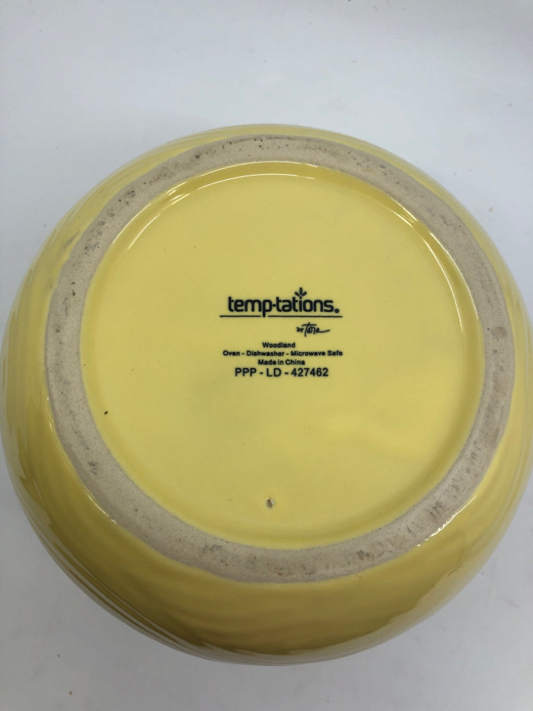 YELLOW TEXTURED TEMPTATIONS CROCK W/ HANDLES.