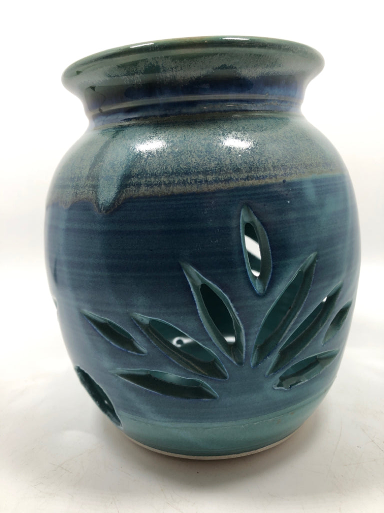 GRASS CUT-OUT BLUE GLAZED CANDLE HOLDER.