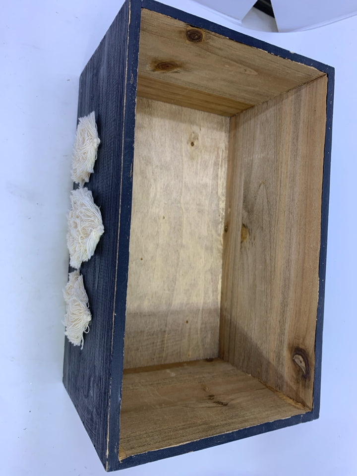 NAVY BLUE WOOD CRATE W WHITE TASSEL TREES.