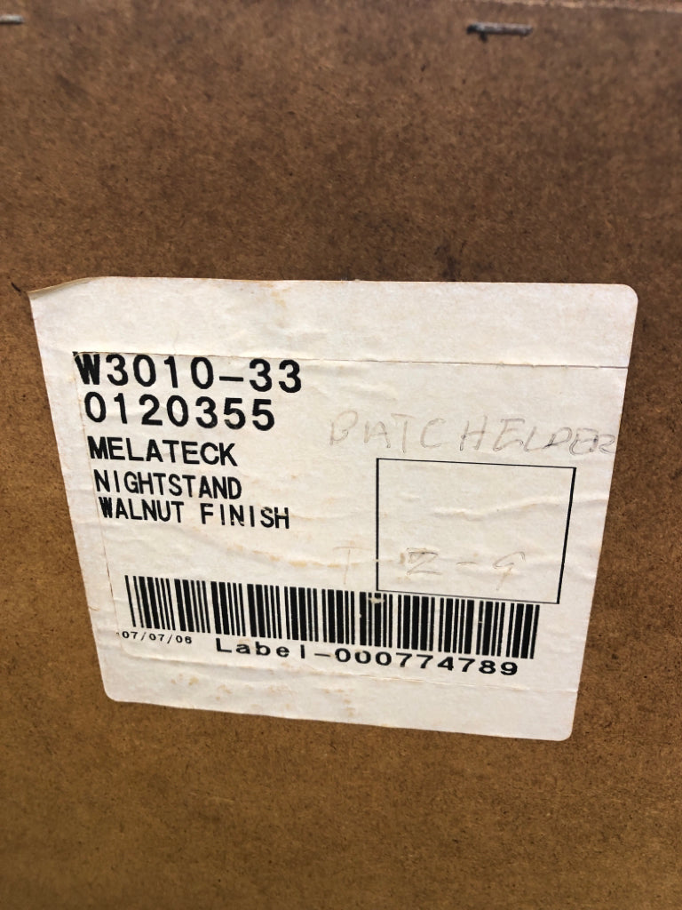 DARK BROWN NIGHTSTAND W/2 DRAWERS & SILVER KNOBS.