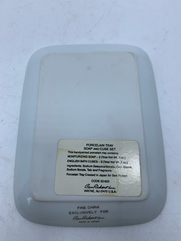 SMALL RECTANGLE PORCELAIN CATCH ALL W/ PINK YELLOW PURPLE FLOWERS.