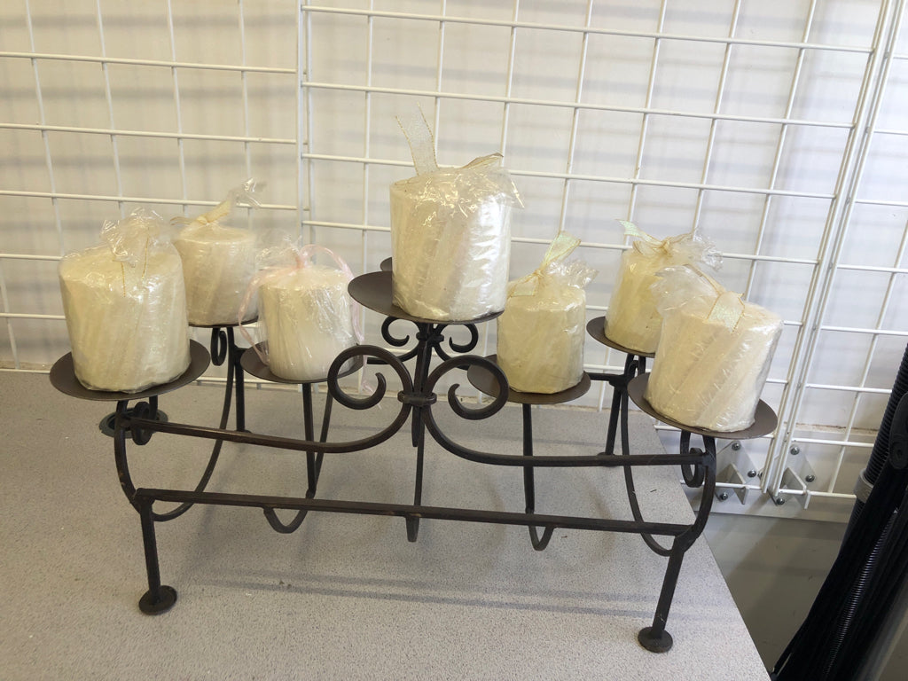 HEAVY METAL 8 SLOT PILLAR CANDLE FIREPLACE INSERT W/ CANDLES.