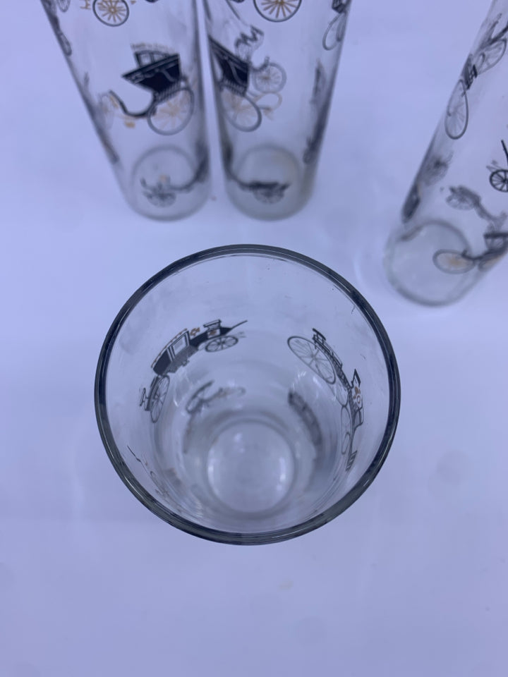 4 VTG HIGHBALL CARRIAGE PRINT GLASSES.