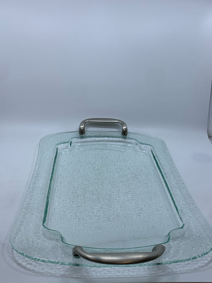 CLEAR TEXTURED GLASS TRAY W/SILVER HANDLES.