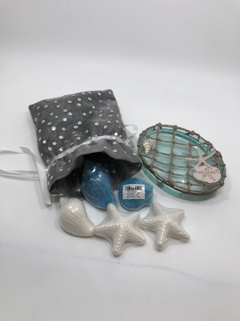 SEAGLASS SOAP DISH W/SEA-THEMED SOAPS.