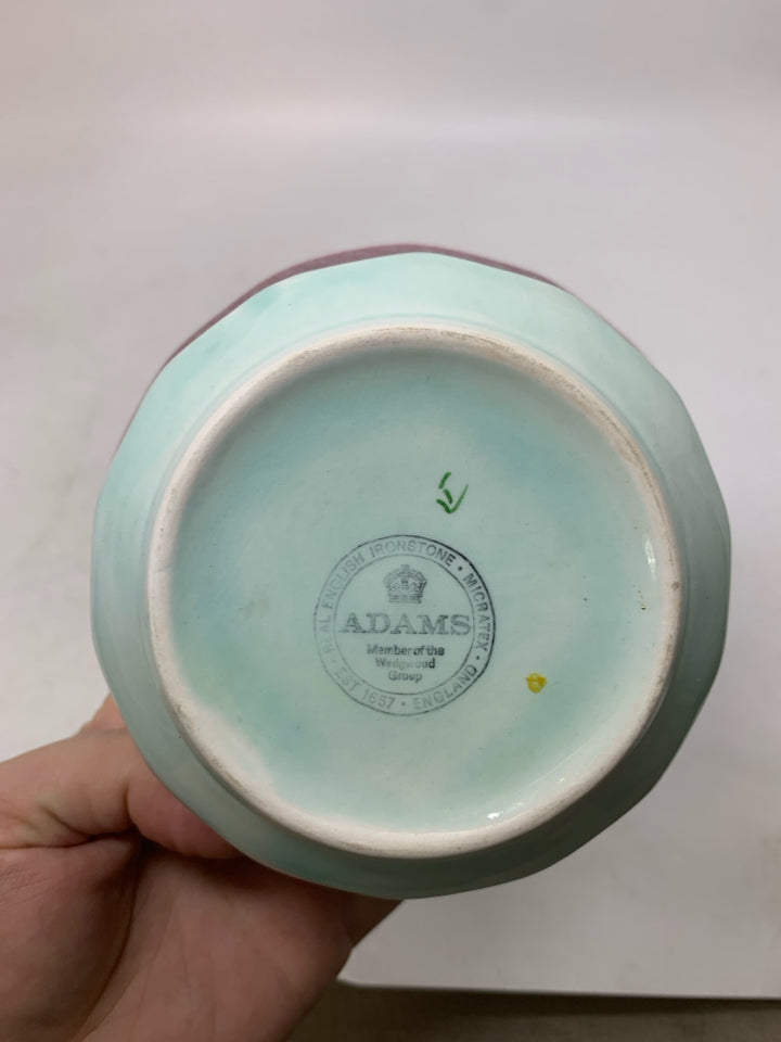 LIGHT BLUE IRONSTONE SMALL BOWL W/ RED DETAILED EDGE.