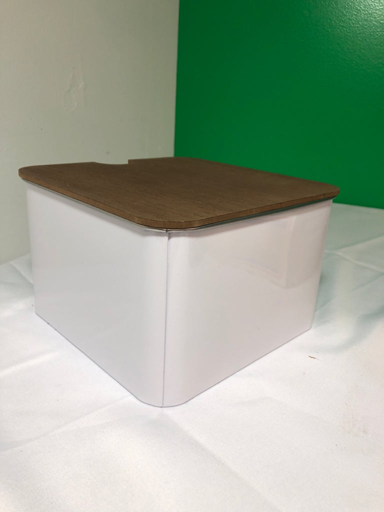 WHITE ENAMEL METAL CANISTER W WOOD LID.