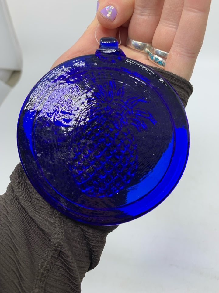 COBALT BLUE GLASS CIRCLE EMBOSSED PINEAPPLE.