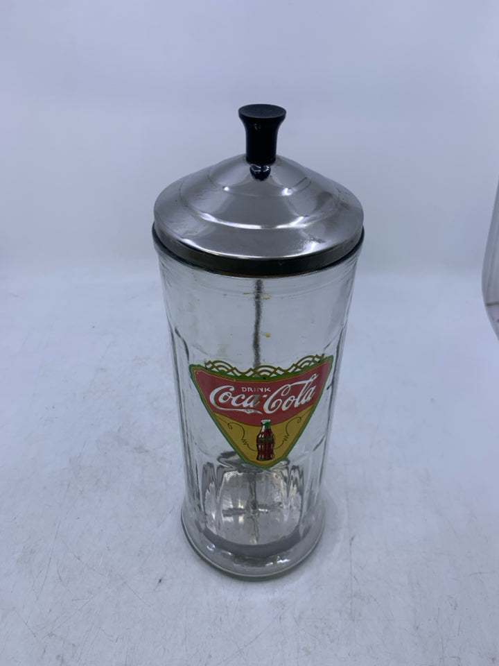 VTG GLASS COCA COLA W/ METAL LID AND PULL UP.