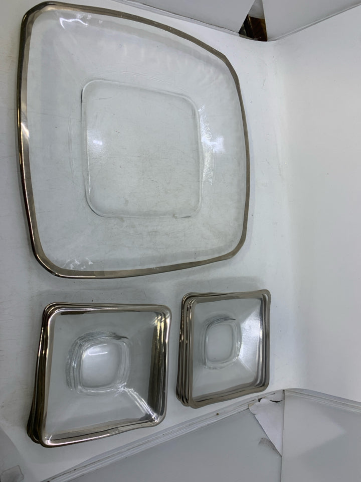 9 PC CLEAR GLASS SQUARE W/ SILVER RIM W/ LG SERVING PLATTER.