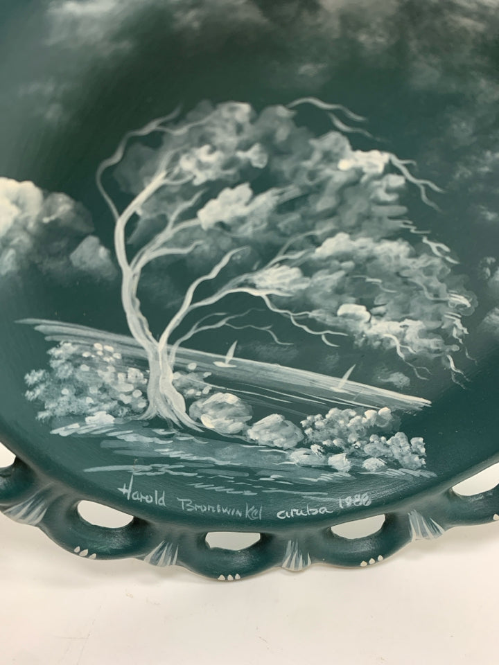 ARUBA TREE PAINTED BLUE DISH W/RETICULATED EDGE.