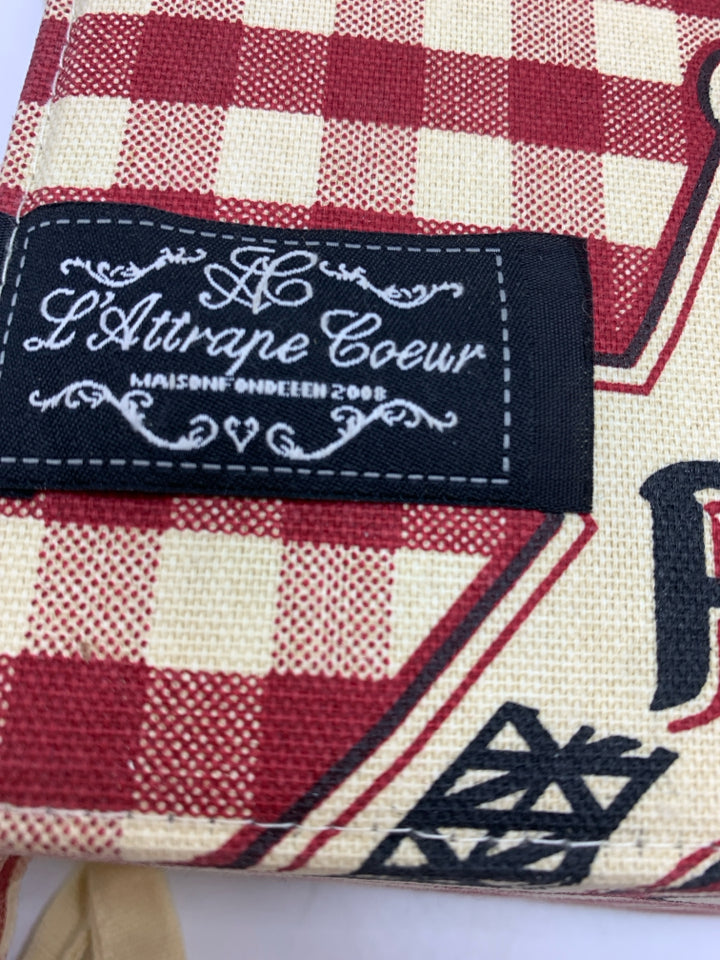 RED PLAID FABRIC PARIS NAPKIN BASKET.