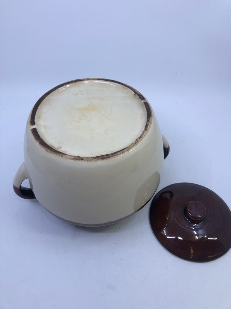 2-TONED COVERED BEAN POT W/HANDLES- BROWN & CREAM.