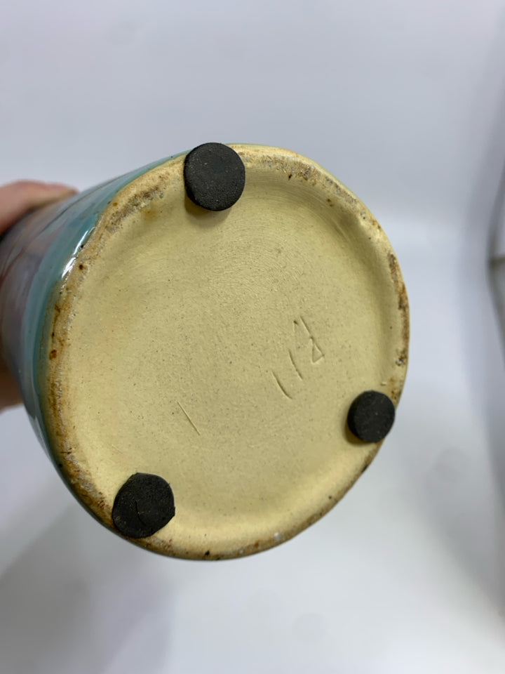 TEAL BLACK SWIRL TALL POTTERY VASE.