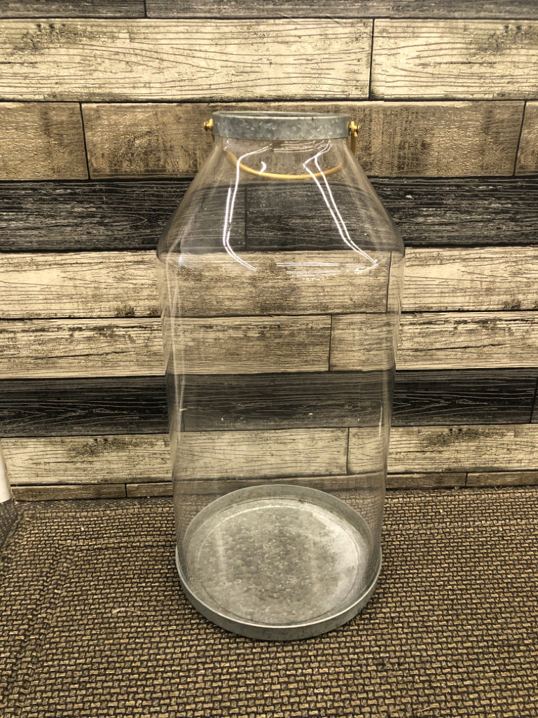 LARGE GLASS AND METAL VASE W HANDLE.