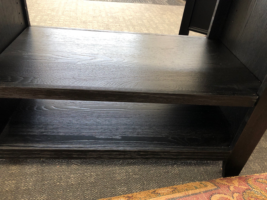 DARK WOOD TV CONSOLE W/2 SHELVES.