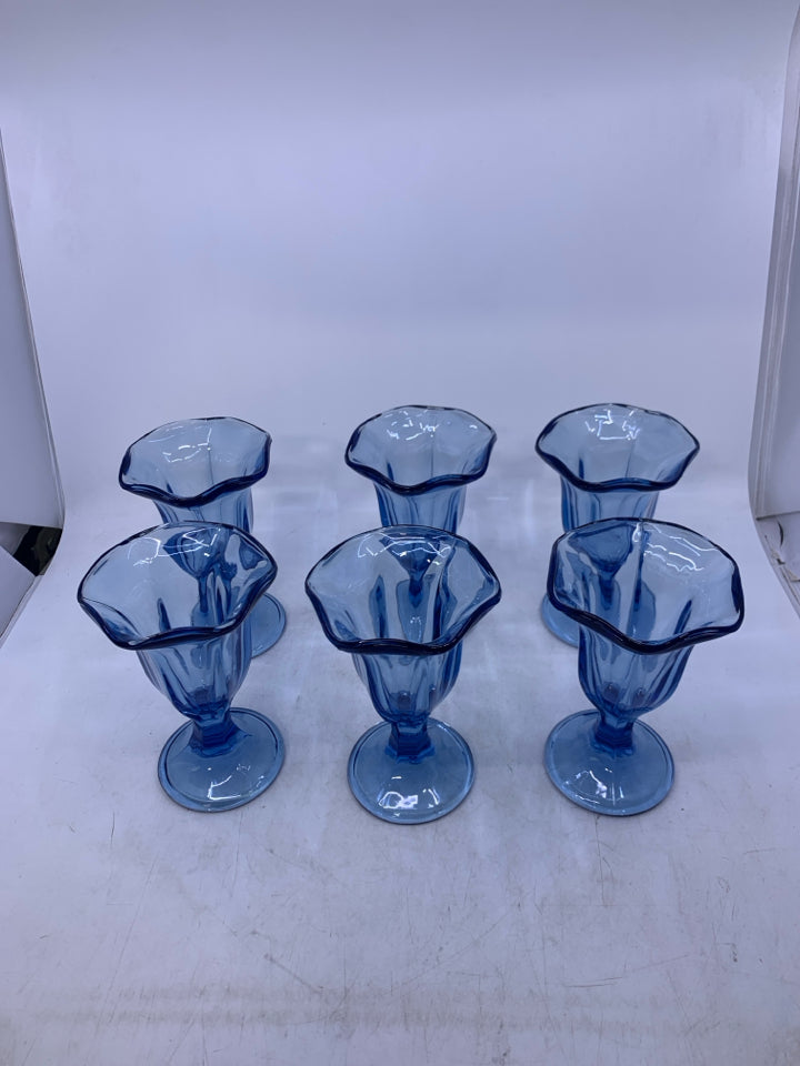 6 FOOTED BLUE GLASS SUNDAE CUPS.
