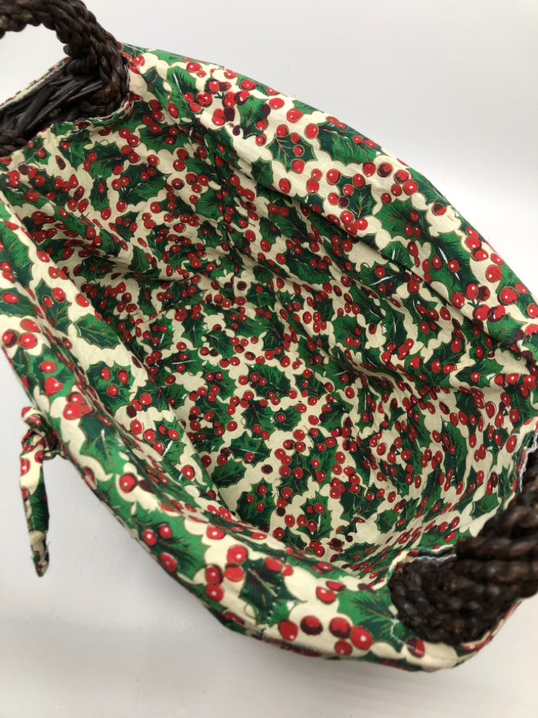 BROWN WICKER BASKET W/HOLLY FABRIC INSERT.