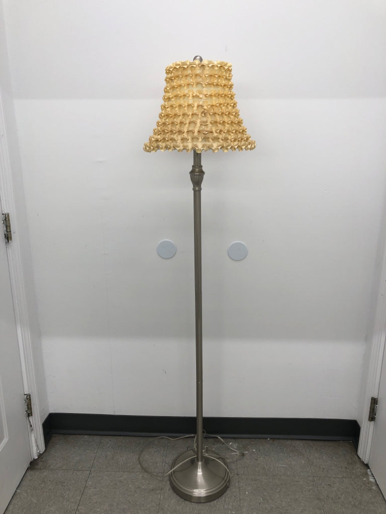 SILVER FLOOR LAMP W/CREAM RUFFLE SHADE.