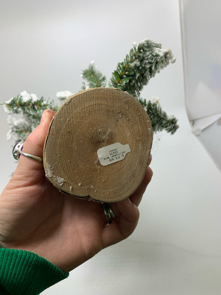 FLOCKED PINE TREE W/ WOOD SLAB BASE.