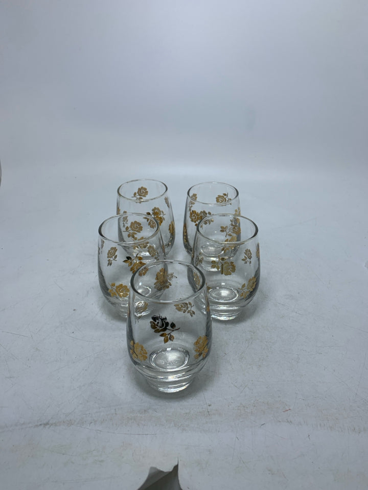 5 HEAVY BOTTOM CORDIAL GLASSES W/ GOLD ROSES.