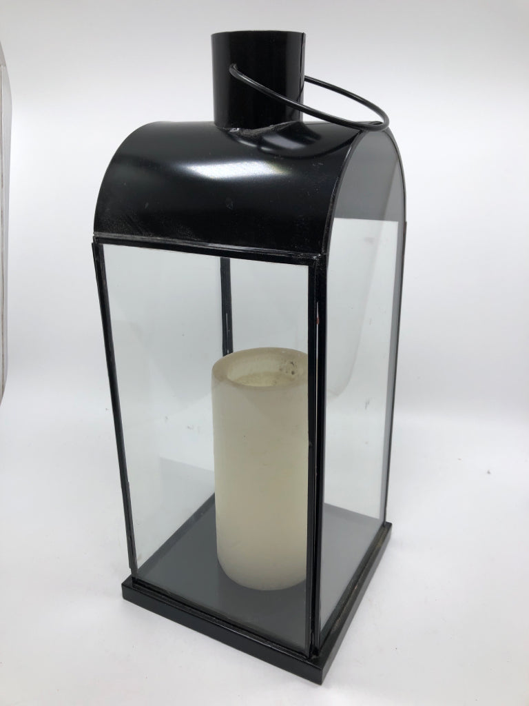 BLACK METAL LANTERN W/CANDLE.