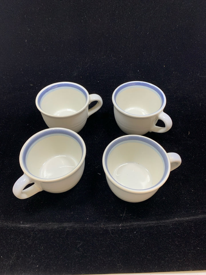 4 SHORT LIGHT BLUE W/ DARK BLUE STRIPE PFALTZGRAFF MUGS.