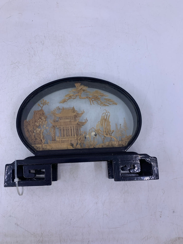 ASIAN STYLE 3D BAMBOO VILLAGE IN BLACK DISPLAY CASE.